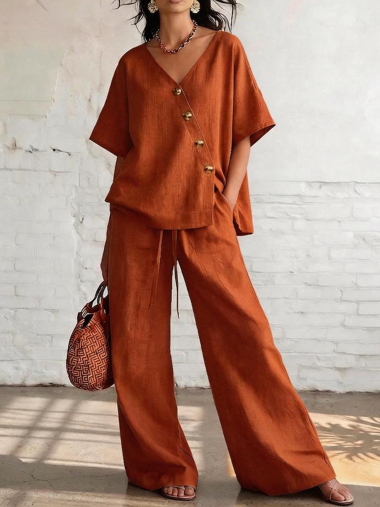 2026 spot new product European and American independent station summer leisure vacation loose cotton and linen v-neck wide-leg pants two-piece set