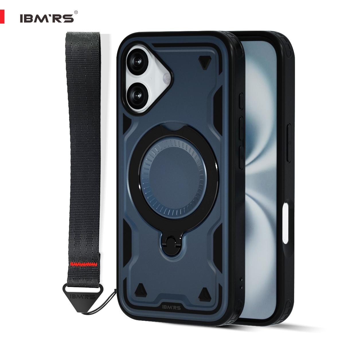 

IBMRS for iPhone 16 Case Magnetic Shockproof with Stand & Strap [Compatible Magsafe] Heavy Duty Cover синий