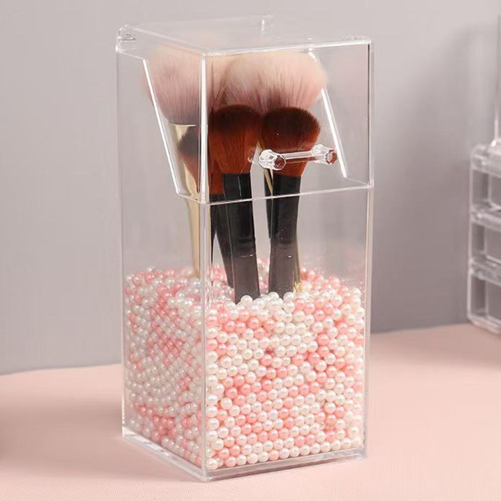 Cosmetic Brush Storage Box Transparent Acrylic Organizer Box With Pearl Decorations For Makeup Household Bathroom Storing Box