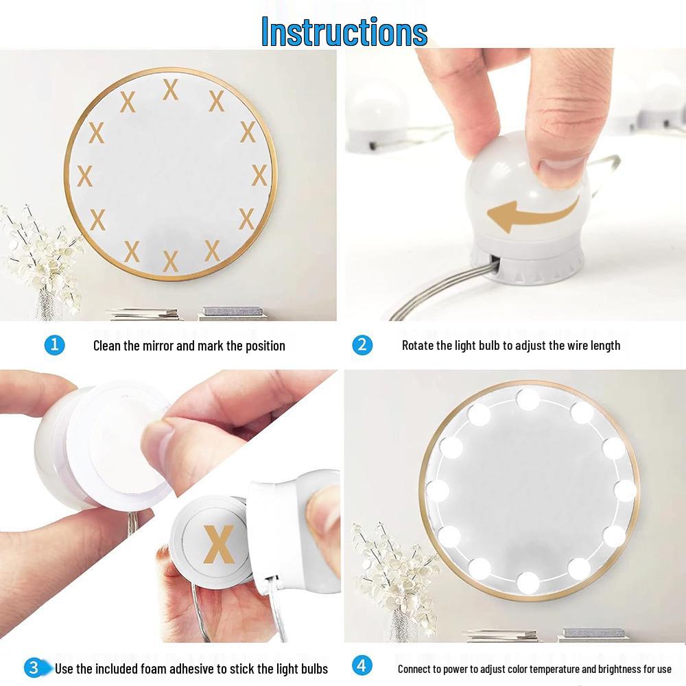 45mm USB Hollywood Makeup Mirror LED Bulb - Three-Color Fill Light, No-Drill Vanity Front Light