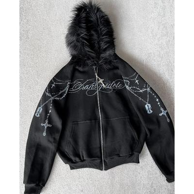 Rockowa Gotycka Graficzna Bluza Rozpinana z Futerkiem Luźna Męska Harajuku Punk Casual Joker Bluza z Kapturem Streetwear
