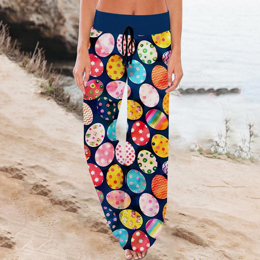 Damskie spodnie piżamowe w swobodnym stylu, z nadrukiem wielkanocnym, ze ściągaczem i szerokimi nogawkami