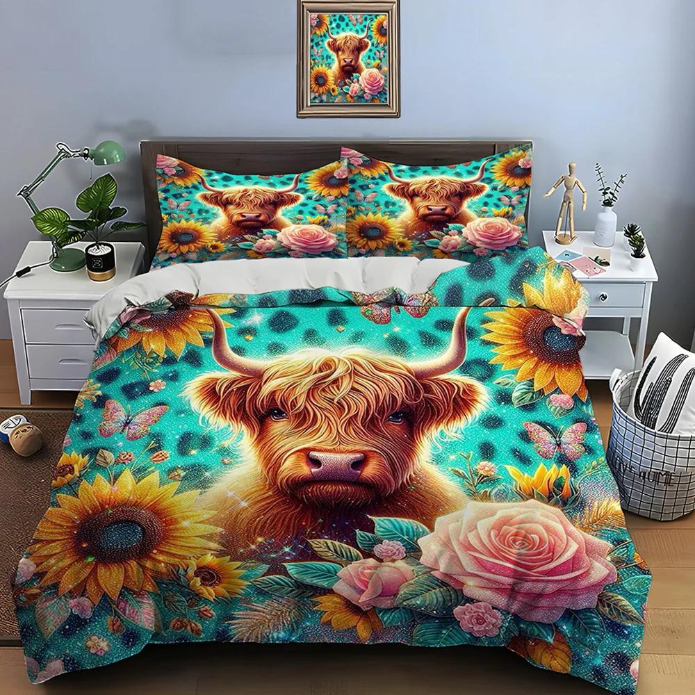 Highland Cattle Print Bedding Set Cute North American Duvet Cover 1 Duvet Cover 2 Pillowcases Adult and Kids Bedding Set Luxury