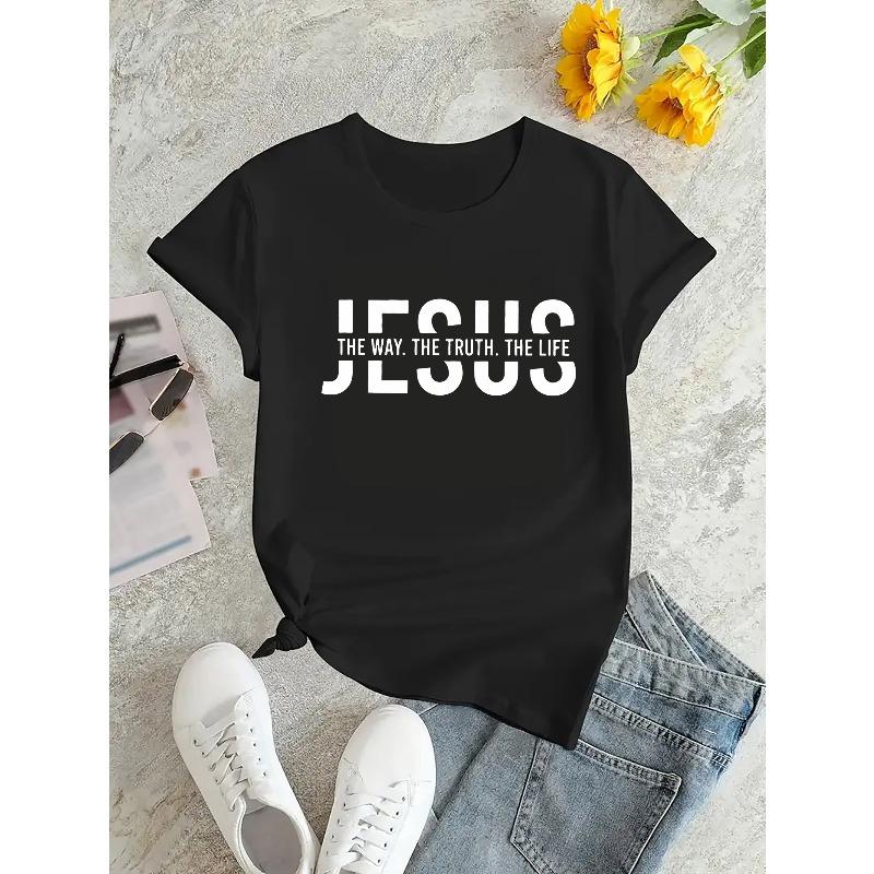 European sizes Jesus Inspirational Quote T-Shirt Casual Crew Neck Tee with Medium Stretch, Short Sleeve Top with Alphabet Pattern for All Seasons