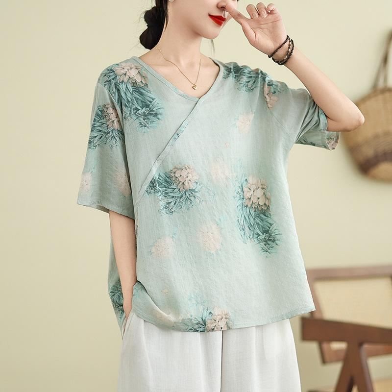 Cotton and Linen Large-size Women's Clothing for Summer Light, Loose and Versatile Casual New Chinese Style Irregular Five-point Sleeve Top