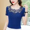 S-4XL Summer Short Sleeved O-Neck Women's T-Shirt Elegant Slim Sexy Hollow Out Drilling Mesh Lace Tops Blusas