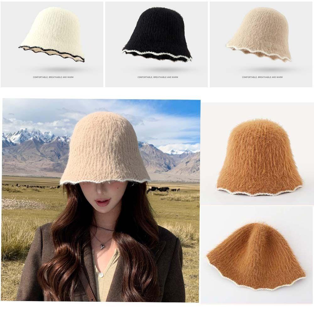 Face Revealing Small Knitted Hat Knitted Basin Hat Sweet Plush Fisherman Hat  Outdoor