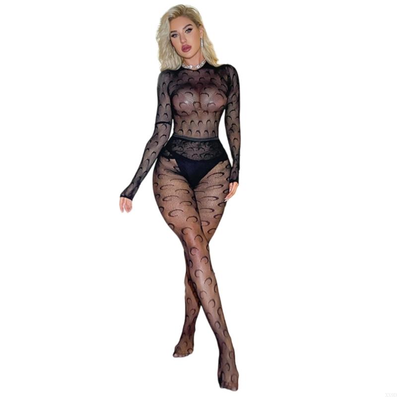 Women Sheer Mesh Bodystocking Moon Patterned Lingerie Long Sleeve See Through Bodysuit Fishnet Jumpsuit Tights