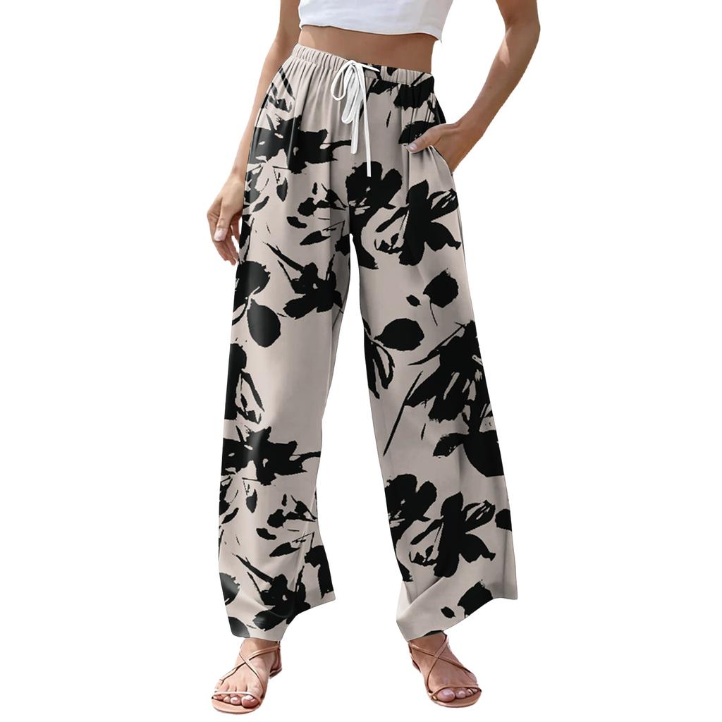 Women's Casual Retro Floral Print Wide Leg Drawstring Pocket Beach Casual Pants