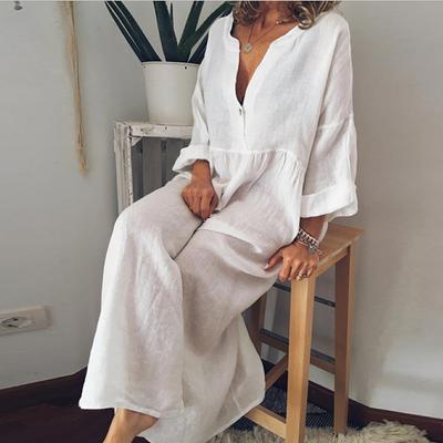 Frühling Herbst Baumwolle Leinen Langes Kleid für Frauen Sommer Sexy Casual Kurzarm Slim Fit Lose Hemd Kleid Strand Weibliche Vestido