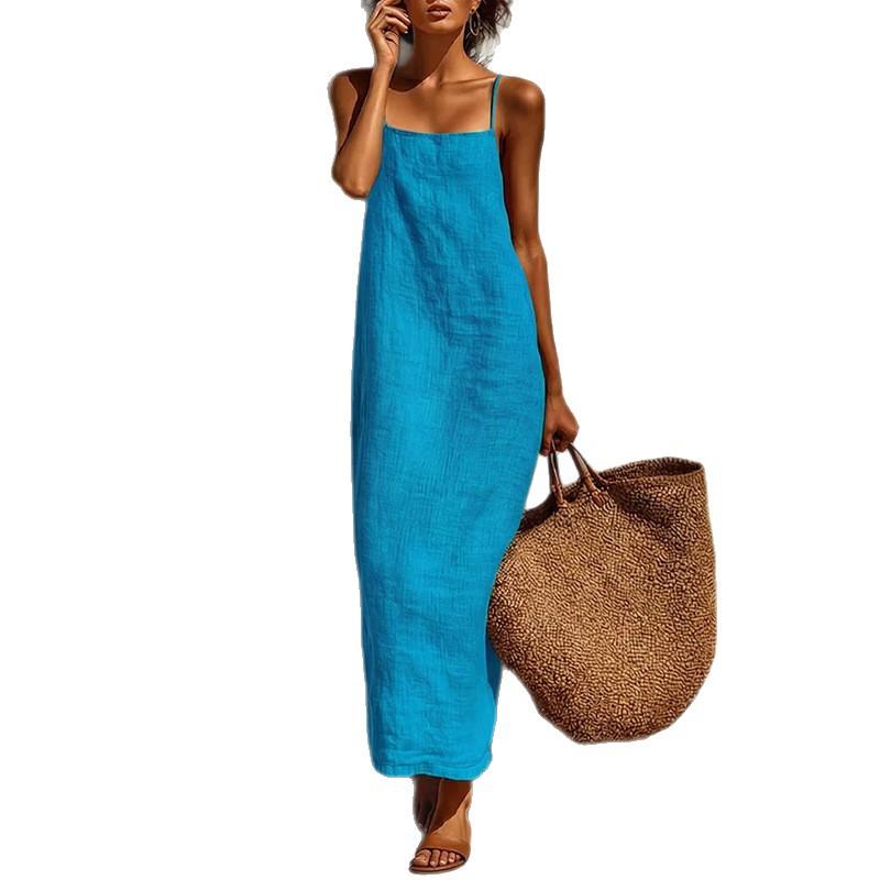 Neues Sommerkleid, lässiges und bequemes einfarbiges Träger-Franzosenkleid