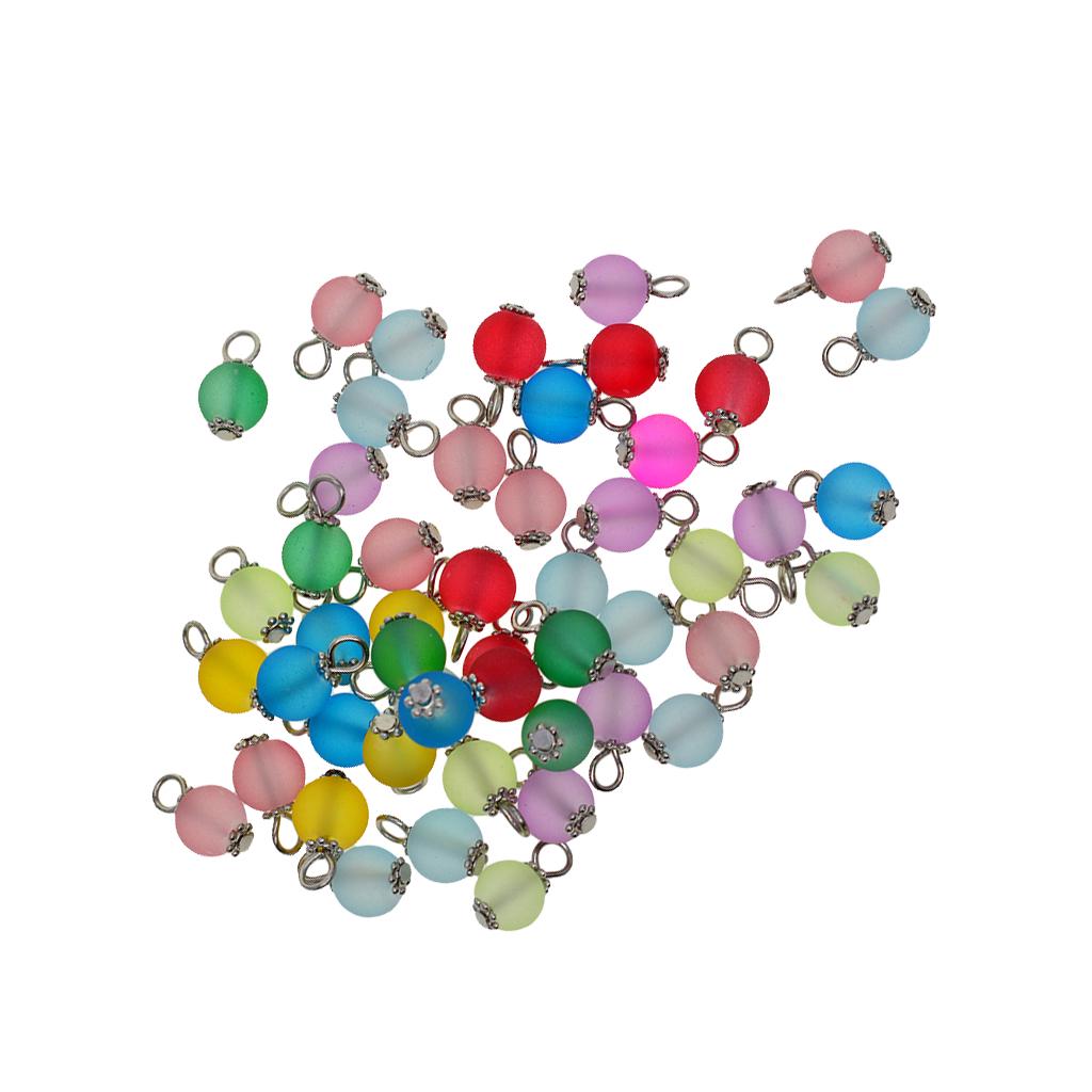 50Pcs Mix Color Frosted Glass Beads Pendant Charm Jewelry Makings Silver Pin