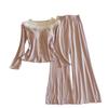 Women's Cotton Pajama Set: Long Sleeve, Lace Trim, Long Pants, Chest Pads, Sexy Style for Spring, Autumn, Winter.