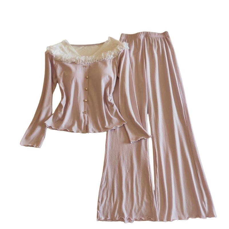 Women's Cotton Pajama Set: Long Sleeve, Lace Trim, Long Pants, Chest Pads, Sexy Style for Spring, Autumn, Winter.