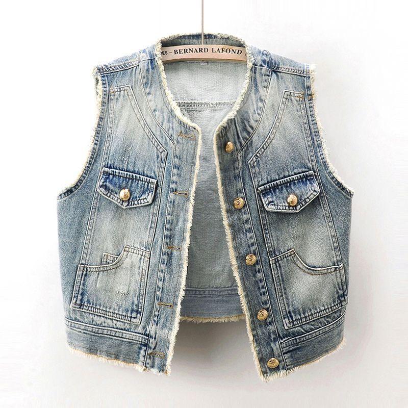 

Women s Frayed Denim Collarless Vest - Summer 2025 Casual Outerwear Large