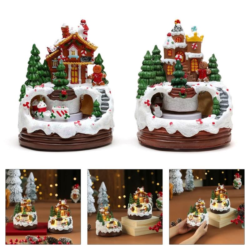 Weihnachtshütte Resin Spieluhr mit drehender Eisenbahn, beleuchtet mit LED, musikalische Weihnachtsfiguren, Weihnachtsdekoration