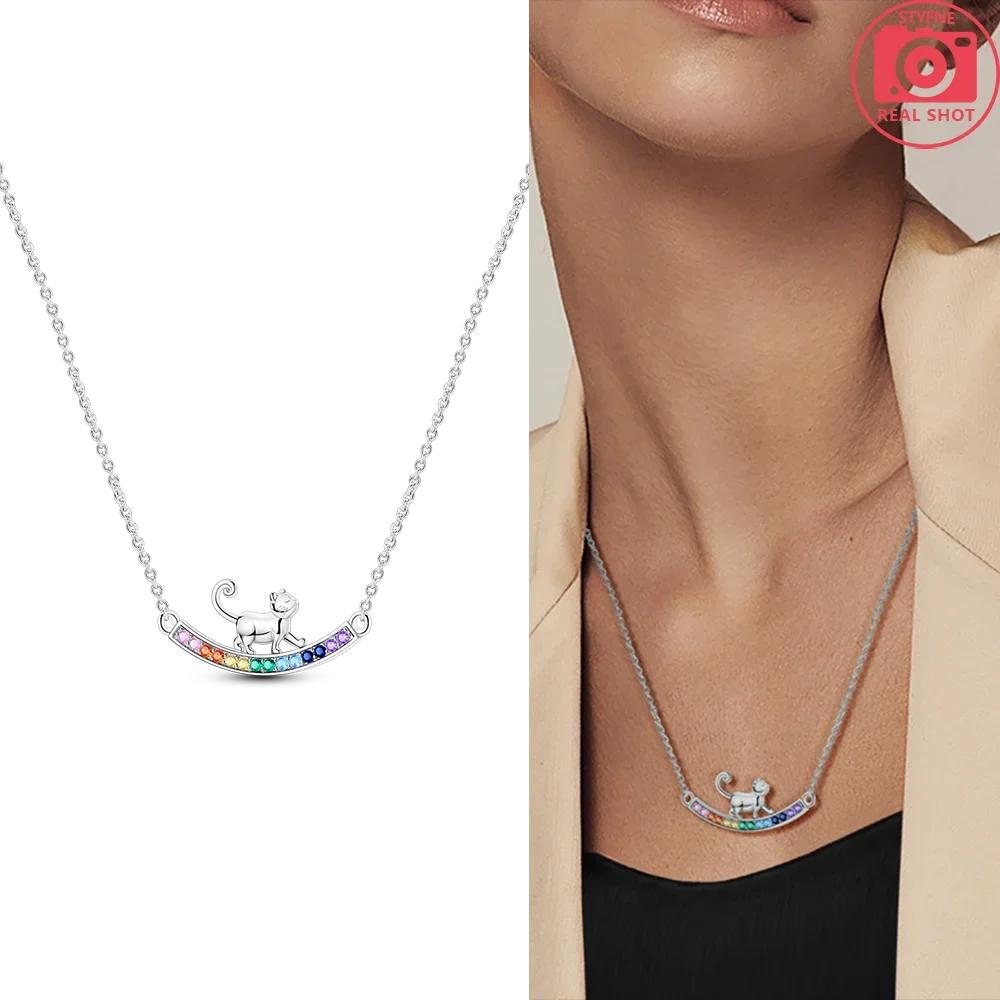

925 Silver Women Jewelry Exquisite Necklace Colored Zirconia Painting Board Circular Cat Necklace Friend Party Gift