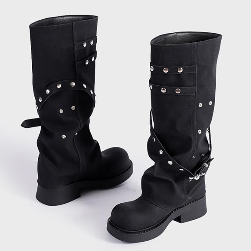 Punk Style Rivets Belt Buckle Design Knee Boots Women Fashion Round Toe Narrow Band Knight Boots Comfort Non-slip Platform Boots