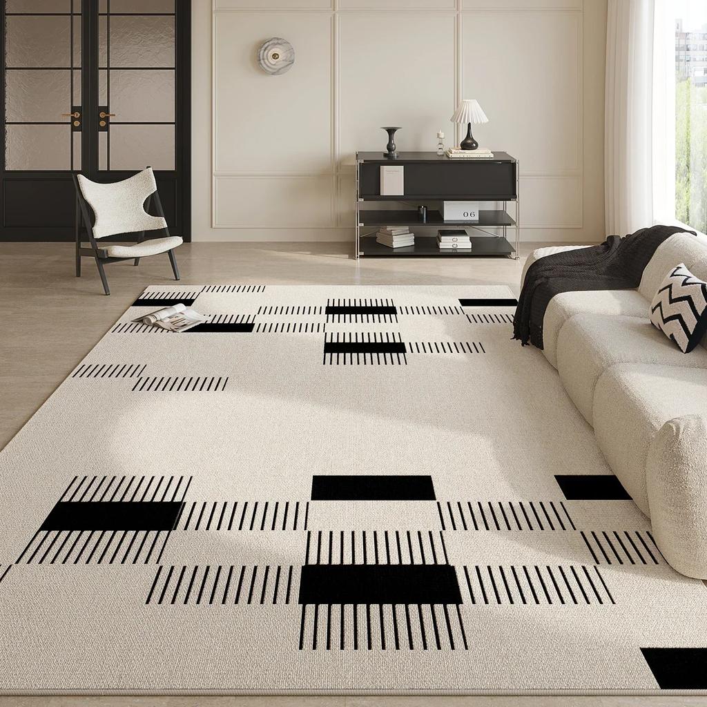 Black White Abstract Living Room CarpetSymmetrical Geometric Rug Comfortable Non-Slip Bedroom Carpets Easy Care for Rugs