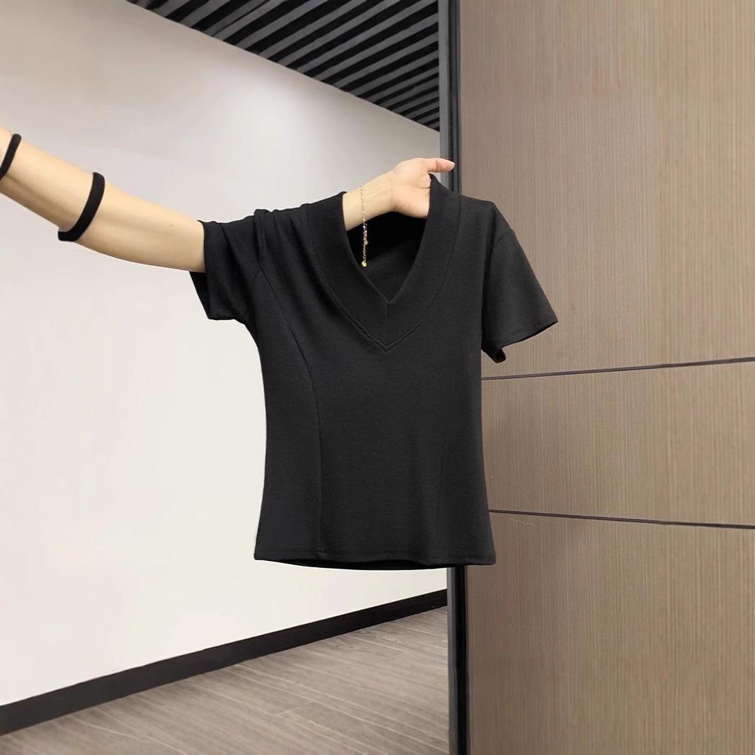 

High-End V-Neck Women s Slimming T-Shirt - Korean Style Summer Short Sleeve Medium белый