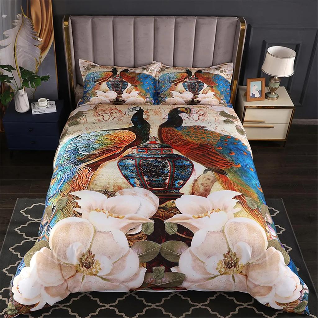 Comforter White Gold Peacock Luxurious Floral Chinese Style Peacock Feather Polyester For Bedroom Decoration Women