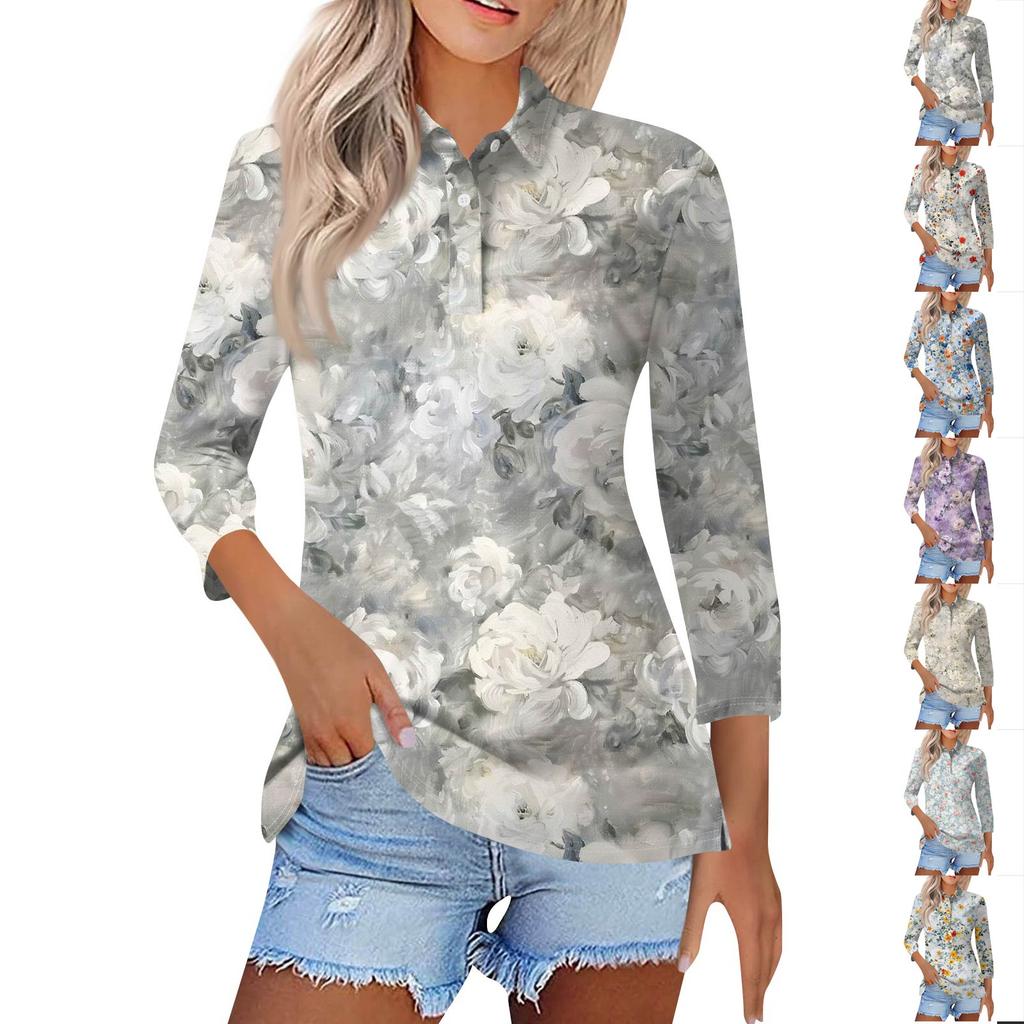 Women's Fashion Casual Lapel Short Sleeve Printed Shirt Women's Button Up Tops