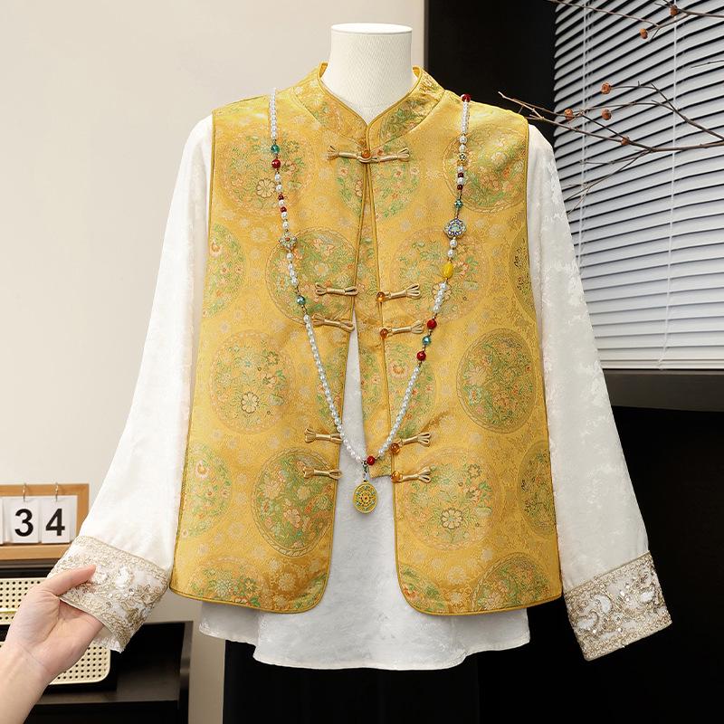

Chinese Style Spring Cardigan Vest for Middle-Aged Women - Stylish Outerwear for Spring/Autumn 3XL (120-135 lbs) жёлтый