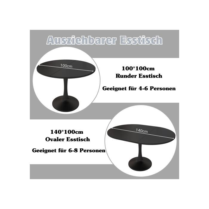 Table de salle à manger extensible, L 100/140 x L 100 x H 75 cm, table de salle à manger moderne et minimaliste, noire
