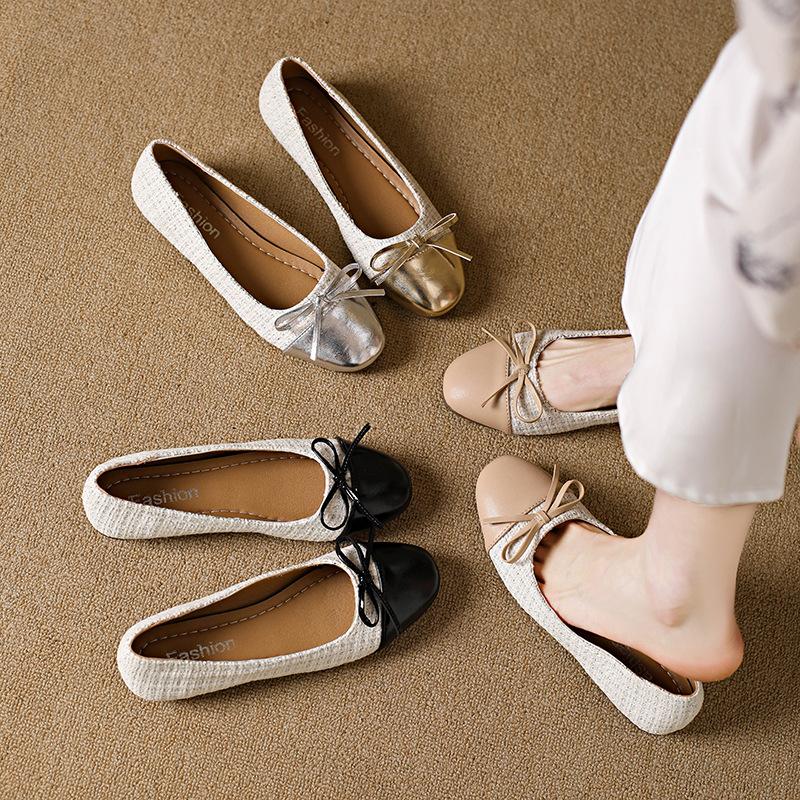 Xiaoxiangfeng Einzelne Schuhe mit quadratischer Spitze 2025 neu Schleife vielseitig flacher Mund flache Sohle Nische Fee weiche Sohle Doudou Schuhe