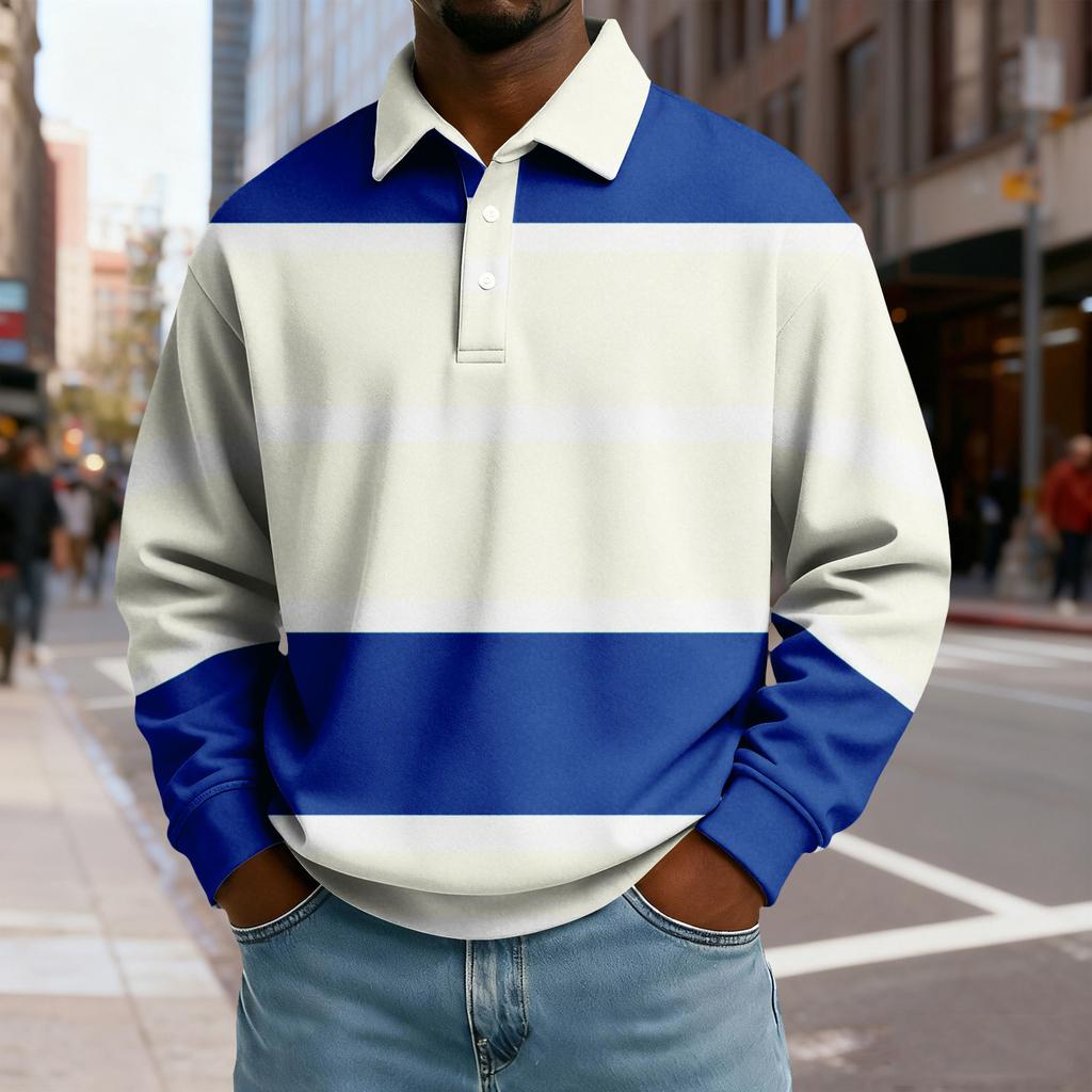 Men's Casual Loose Colorblock Print Lapel Button Long Sleeve Top