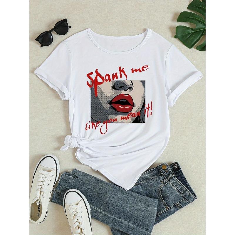 European Size Plus Size - Women'S Crew Neck T-Shirt - Bold "SPANK ME LIKE YOU MEAN IT!" Graphic Tee with Red Lettering