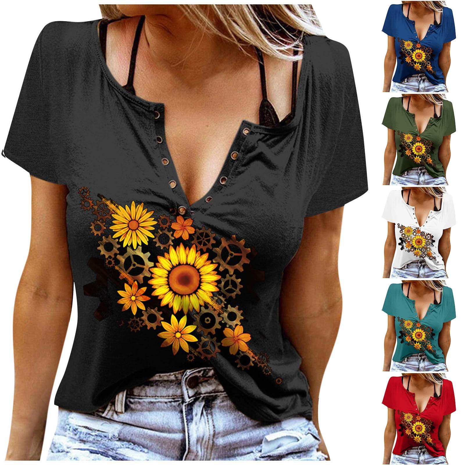 

Женские топы с короткими рукавами и принтом подсолнуха на День независимости, летние модные повседневные футболки с v-образным вырезом и принтом, футболки с короткими рукавами и пуговицами