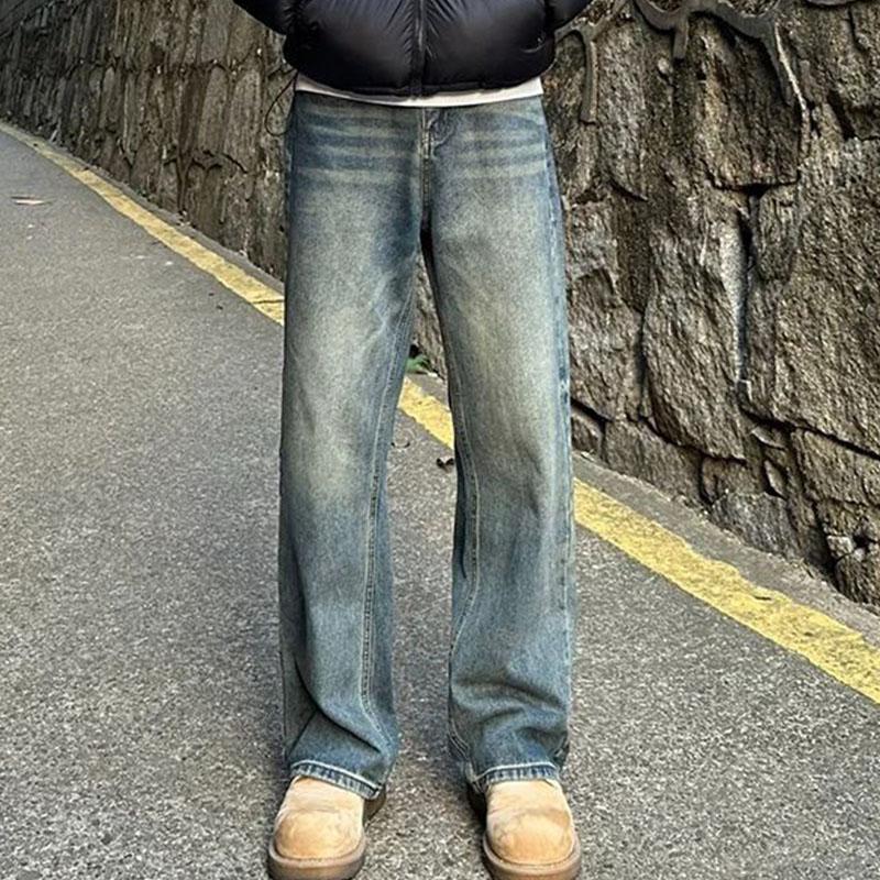 Retro Blue Jeans Men's Tall Pants American High Street Loose Straight Leg Bootcut Pants