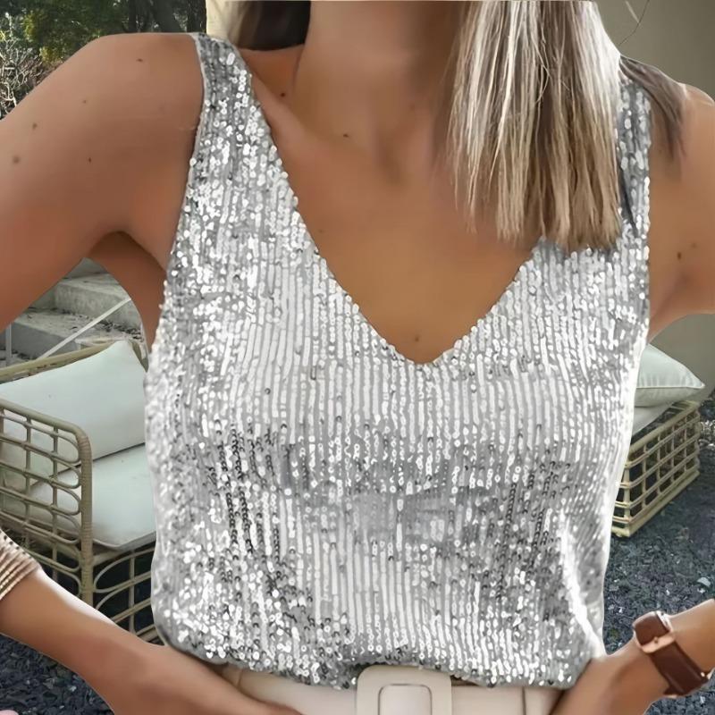 Women Sexy Sequin V Neck Sleeveless Ladies Tank Top S серебряный