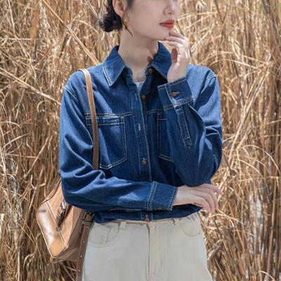 Neues Winter-Denimhemd für Damen Designnische Retro Hongkong-Stil Locker Langärmlig Polokragen Oberteil