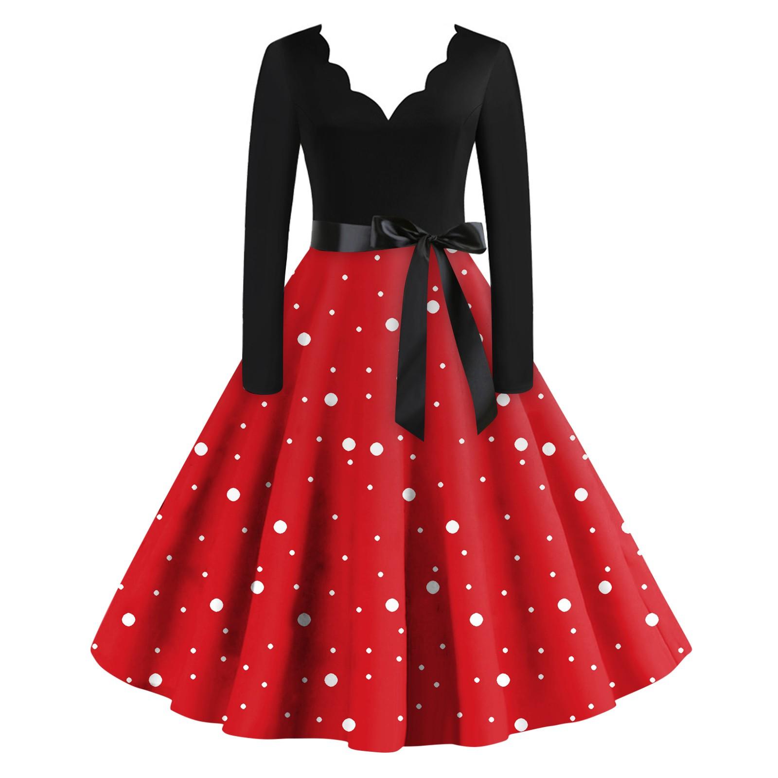 

Жіноча повсякденна модна ретро-сукня з V-подібним вирізом і довгими рукавами в горошок XXL червоний