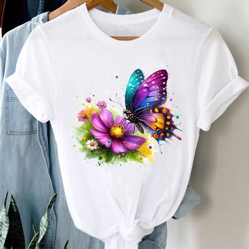 (Asian Size) Printed Clothing Top Fashion feather flower 90s Short Sleeve T-shirts Women Graphic Tee Lady Female Casual T Shirt Tees