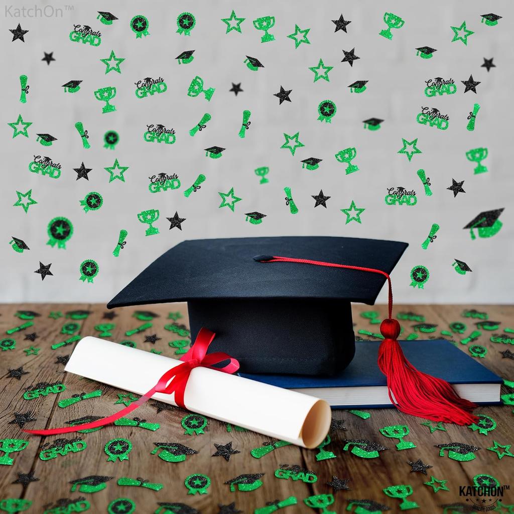 KatchOn, Glitter, Green and Black Graduation Confetti - Pack of 300 | Graduation Cap, Star Confetti for Graduation Table Decorations | Congrats Grad