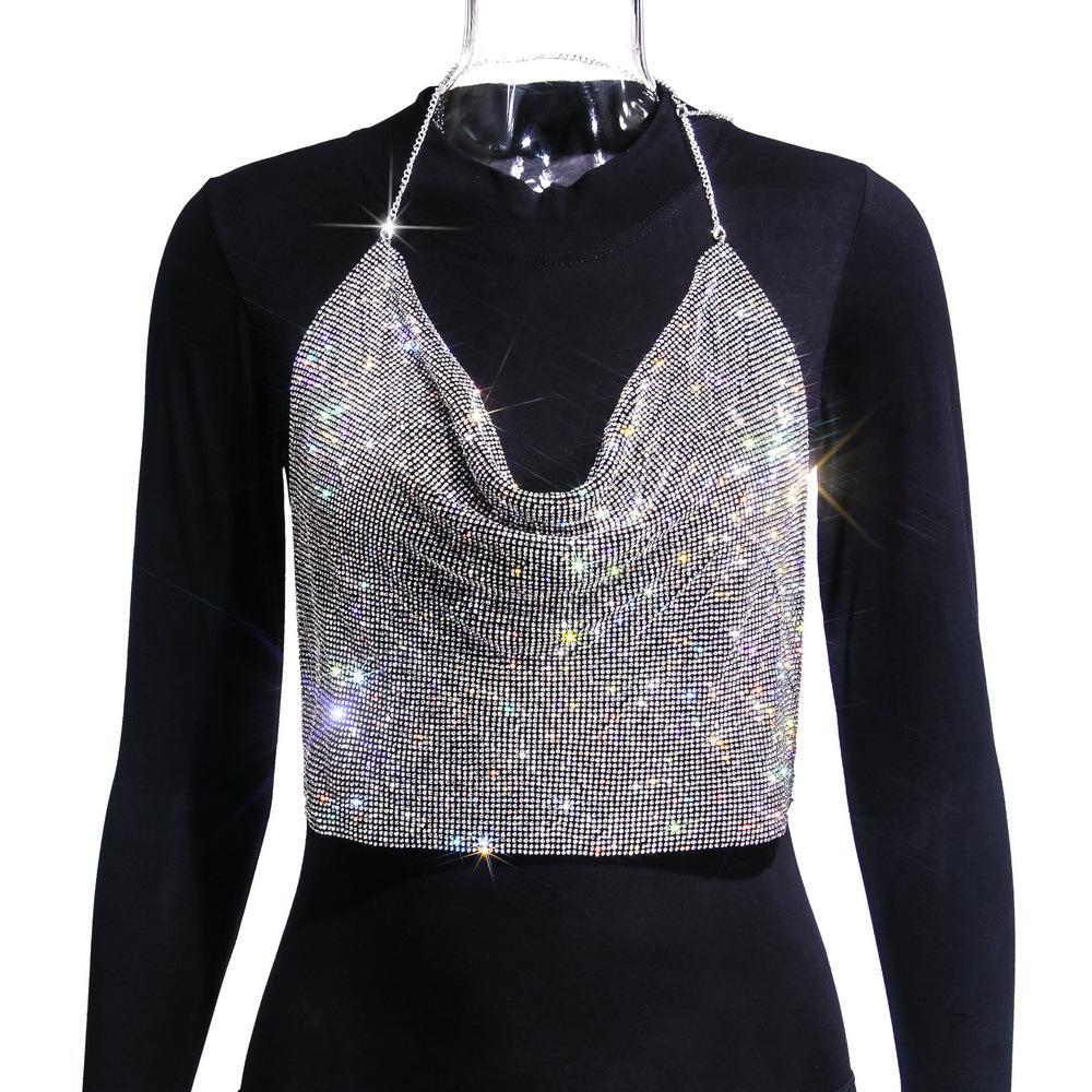 European & American Fashion Rhinestone Chain Strap Deep V Backless Crop Top