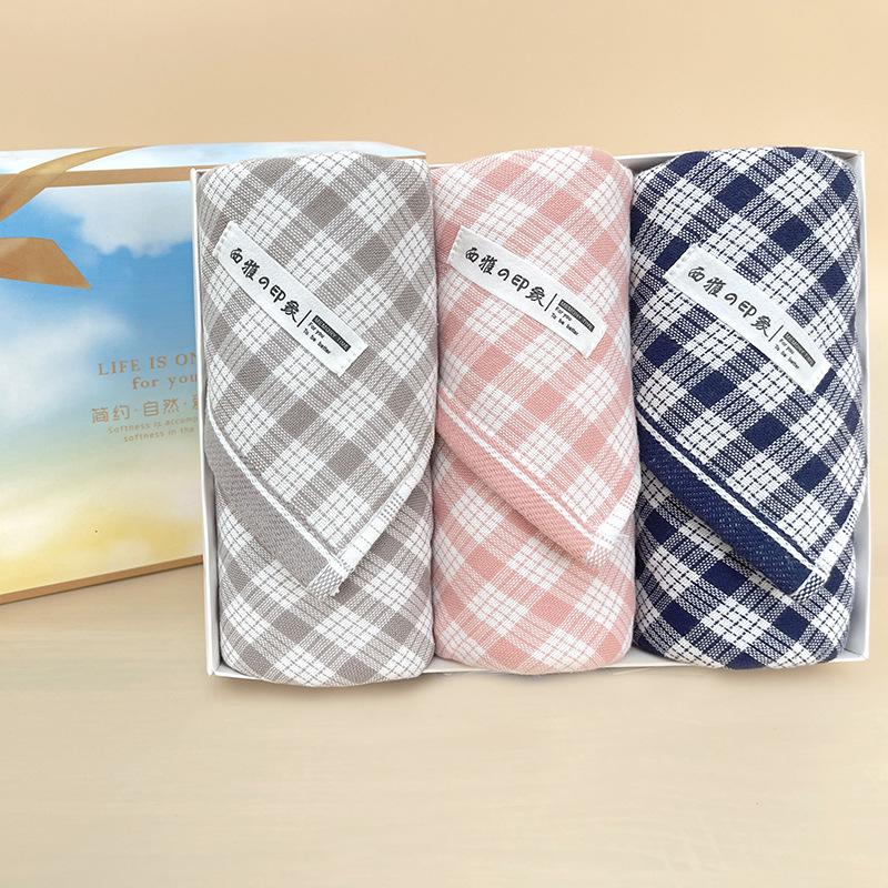 Japan Style Style Gauze Plaid Towel Good-skin Gift Towel Moisture-wicking Plush Adult Face Towel Fresh and Elegant Impression