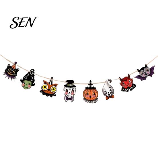 Halloween Party Decorations 8Pcs Bunting Banner, Pumpkin Ghost Bat Witch Cartoon Hanging Garland, Indoor Seasonal Supplies Retro Wooden Wall Flag for