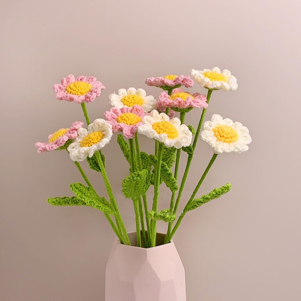 10 Pcs Crochet Flowers, Hand Woven Simulation Daisy Bouquet Knitted Daisy Flowers Chamomile Decor Flower for Home Office Festival Party.