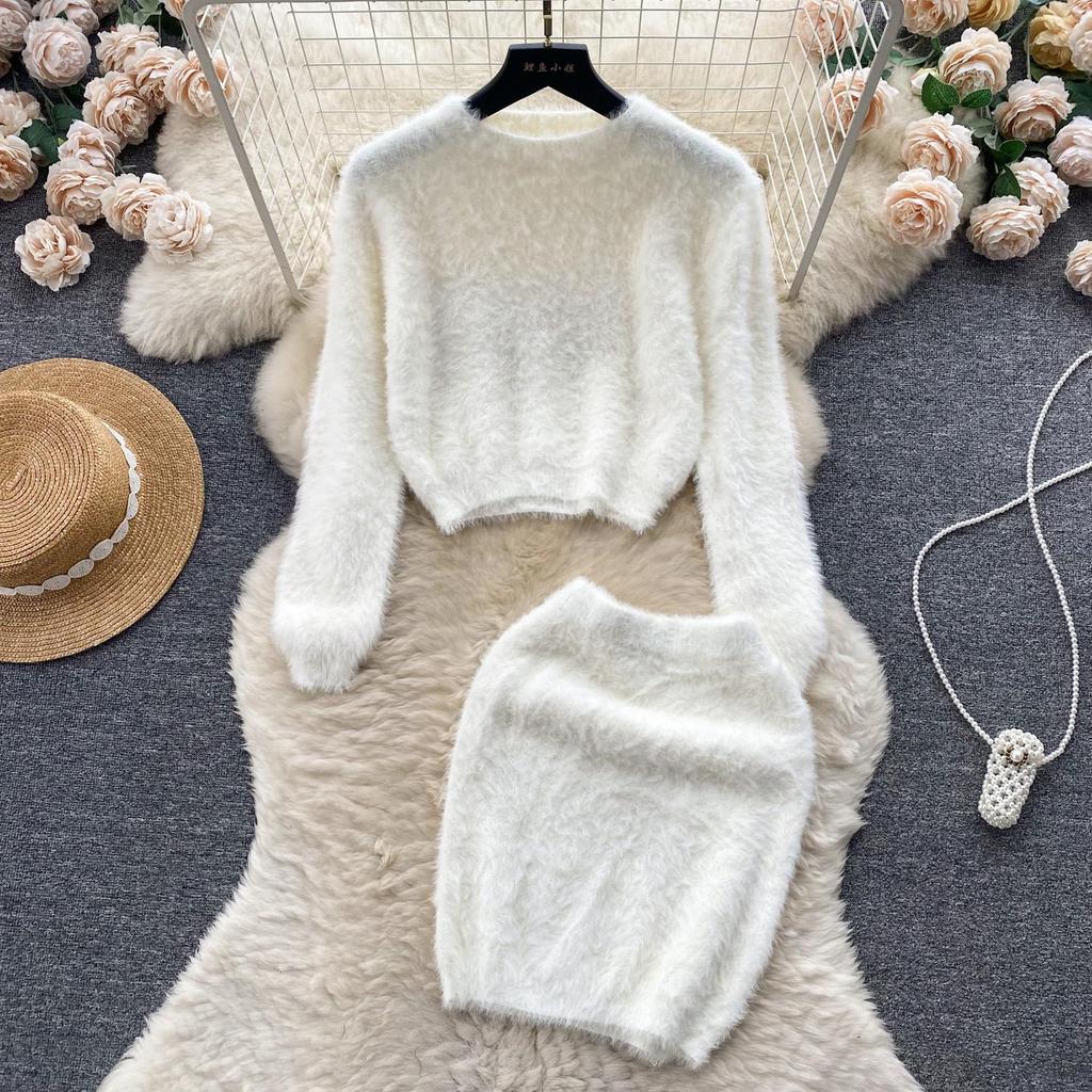 Autumn Women Sweet Mohair Knit Sweater Suit O Neck Long Sleeve Pullover Tops+High Waist Bodycon Pencil Skirt Lady Solid Two Piece Set