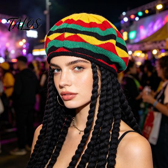Bequemer Perückenhut Stretch-Barett Unterhut, Nicht-Druckausübender Weicher Gestrickter Elastischer Böhmischer Straßenstil Regenbogenfarbe Faltbar für Festivals