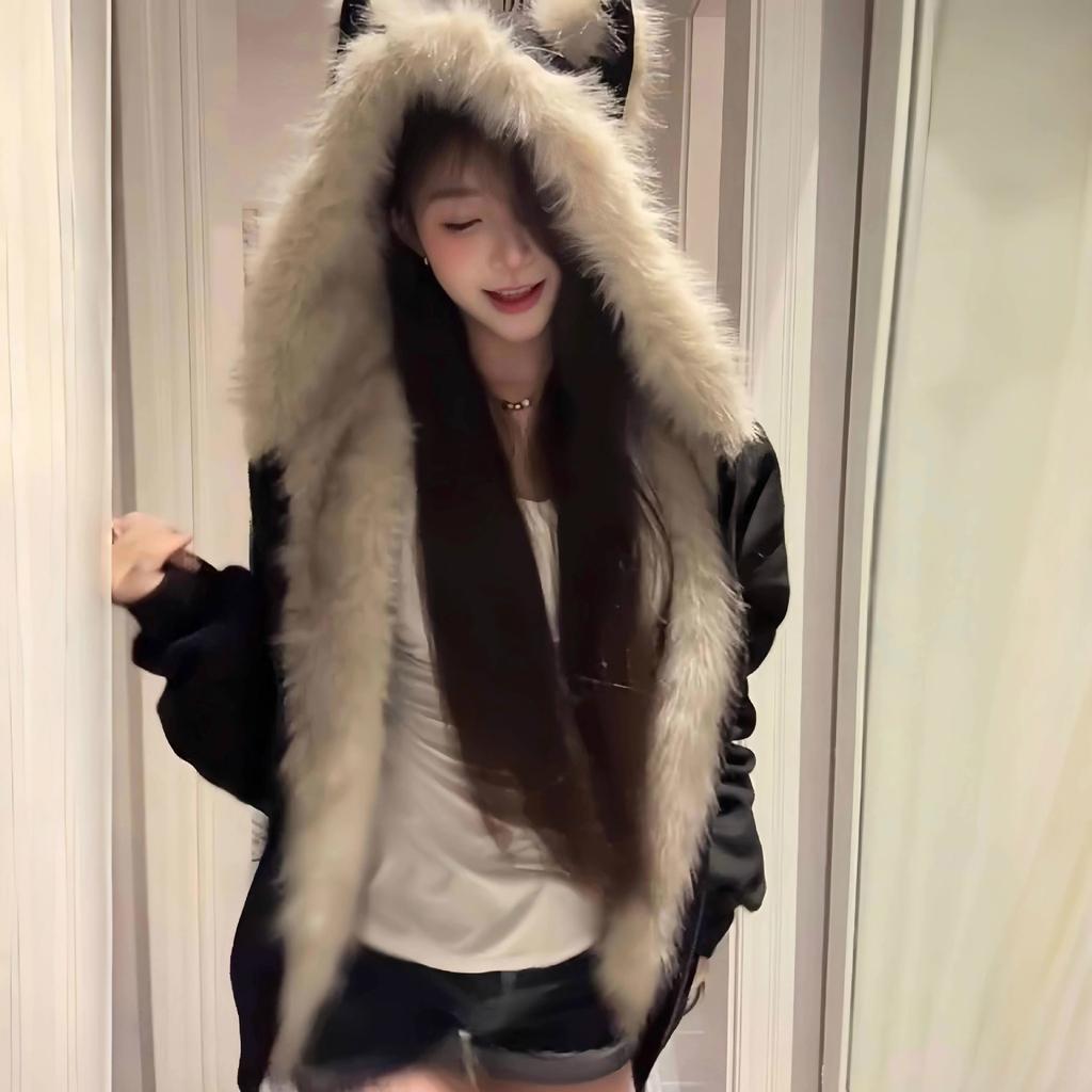 Black Fur Collar Padded Cat Ear Jacket Men's and Women's Autumn and Winter Thickened Couple's Cotton-padded Clothes Cotton-padded Clothes