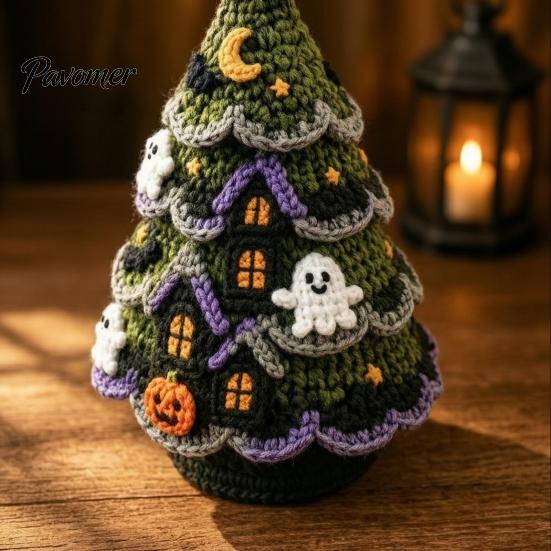 Craft Sets for Adults Halloween Tree Crochet Kit, DIY Black Cat Pumpkin Witch Handmade Yarn Projects Hat Ghost Crafting Kit Holiday Home Decor,