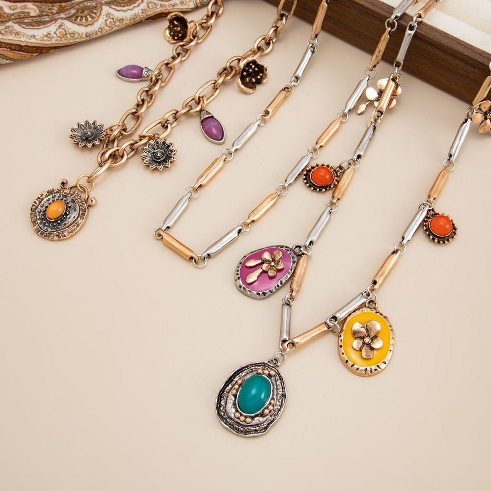 Floral Heart Pendant Necklace Metal Chain Multi Layer Choker Bohemian Collarbone Chain  Women