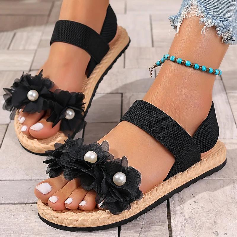 

Fashion Summer Pearl Decor Flat Sandals Women Vacation Beach Flower Low Heel Sandal Female Fashion 2025 Back Strap Black Sandals Mujer 43 чёрный
