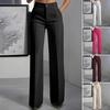 Women Suit Pants Button Zipper Closure High Waist Long Trousers with Pockets Solid Color Straight Wide Leg Dress Pants Commuting Workwear