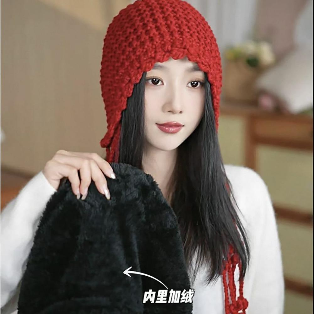 Ladies' Hats New Hand-Knitted Floral Braid Knit Hat for Women Retro Warm and Stylish Fringe Hat Trendy